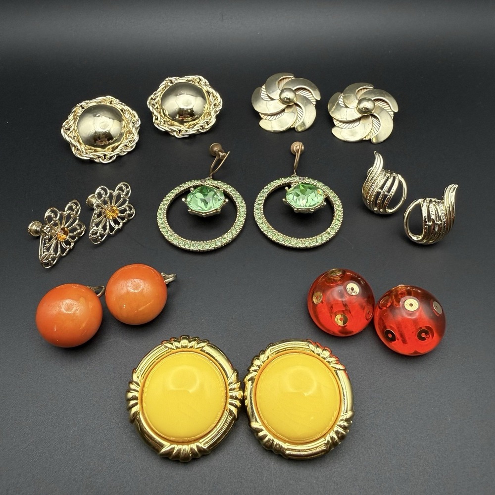 Vintage Lot of 8 Gold Tone Clip On Earrings Lucite Cabochon Rhinestone Statement